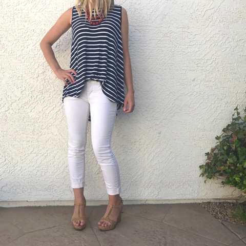 Thrifty Wife, Happy Life- White pants, flowy striped tank top and cork wedge shoes