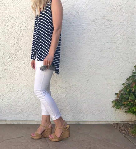 Thrifty Wife, Happy Life- White pants, flowy striped tank top and cork wedge shoes