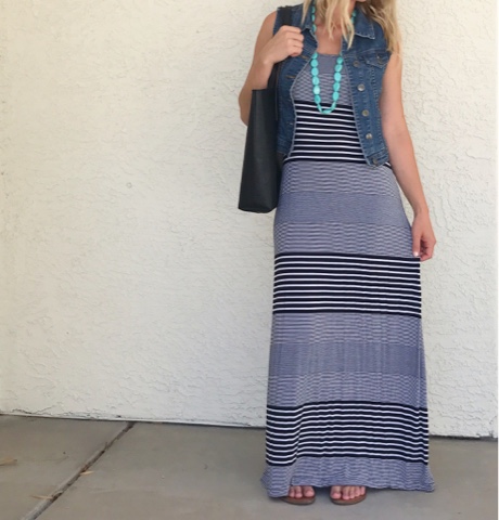 Thrifty Wife, Happy Life || Summer Wardrobe Favorites-stripe maxi dress with denim vest