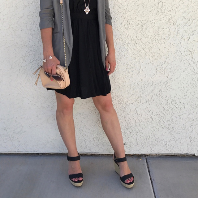 Thrifty Wife, Happy Life- Blush accessories with black strapy wedge sandals