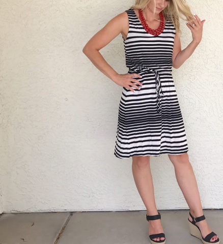 Thrifty Wife, Happy Life- Stripe dress with a red bead necklace