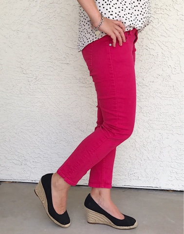 Thrifty Wife, Happy Life- red jeans with black wedge shoes