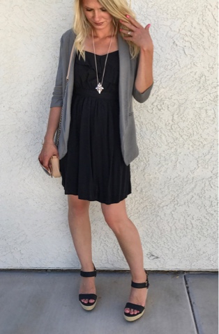 Thrifty Wife, Happy Life- Black ruffled dress with grey blazer, black strapy wedge sandals and blush purse