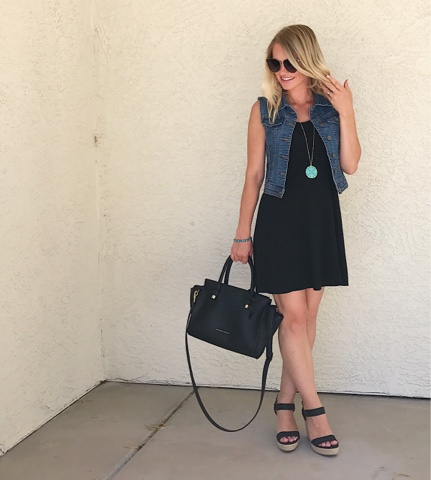Thrifty Wife, Happy Life || Summer Wardrobe Favorites- Black sundress with denim vest