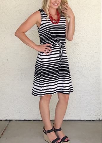 Thrifty Wife, Happy Life- Stripe dress with a red bead necklace