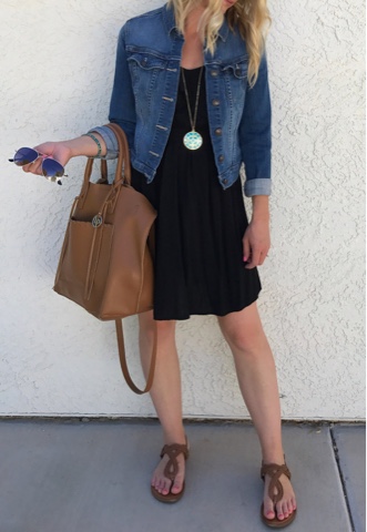 Thrifty Wife, Happy Life- Black dress with denim jacket, accessoried with turquoise and cognac