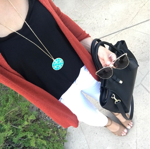 Thritty Wife, Happy Life- Daily outfits.  Orange cardigan with white pants and turquoise accessories