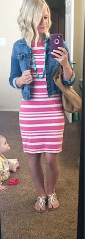 Thritty Wife, Happy Life- Daily outfits. Pink stripe dress with denim jacket