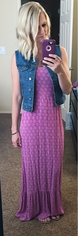 Thritty Wife, Happy Life- Daily outfits.  Pink maxi dress with denim vest