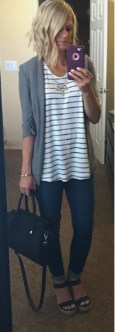 Thritty Wife, Happy Life- Daily outfits. Grey blazer with stripe swing tank top
