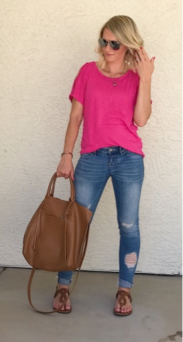 Thrifty Wife, Happy Life || Bright pink shirt with distressed jeans and congac accessories