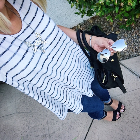 Thritty Wife, Happy Life- Daily outfits. Stripe swing tank top with jeans and wedge sandals