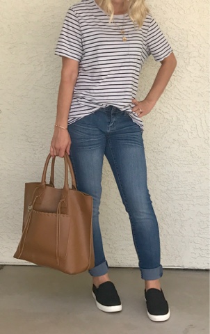 Thrifty Wife, Happy Life || Jeans, Stripe t-shirt and black slip on's
