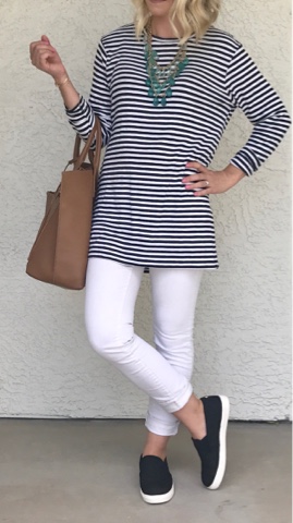 Thrifty Wife, Happy Life || White jeans, stripe shirt and slip on shoes