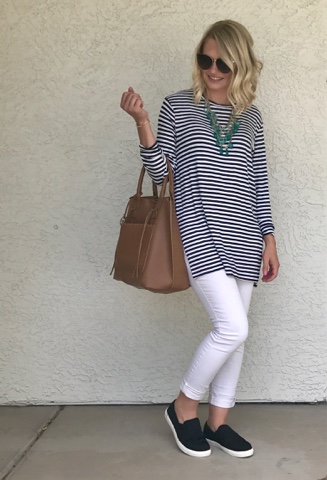 Thrifty Wife, Happy Life || White jeans, stripe shirt and slip on shoes