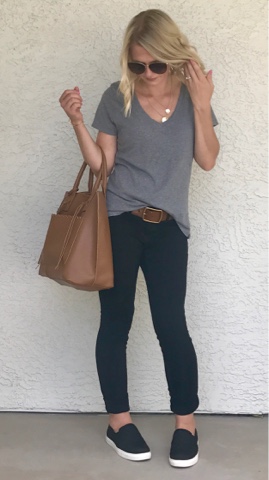 Thrifty Wife, Happy Life || Black jeggings, grey t-shirt and black slip on's