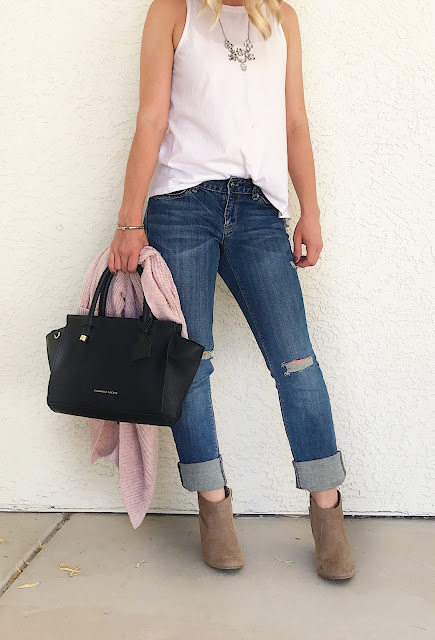 Thrifty Wife, Happy Life- Layered look with blush cardigan with distressed jeans