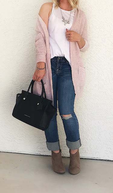 Thrifty Wife, Happy Life- Layered look with blush cardigan with distressed jeans