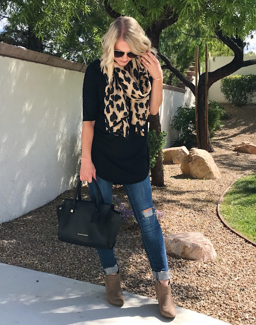 Thrifty Wife, Happy Life || Fall look with black top, distressed jeans, ankle boots and leapord scarf