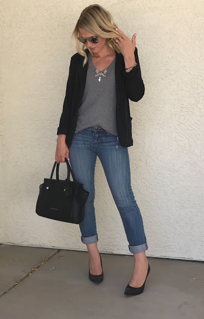 Thrifty Wife, Happy Life Gray Tee shirt with blazer, jeans and black pumps. 