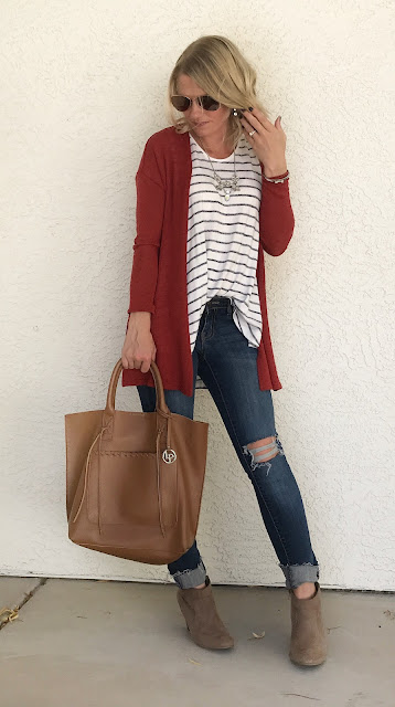 Thrifty Wife, Happy Life- Orange cadigan with stripe tank and distressed jeans