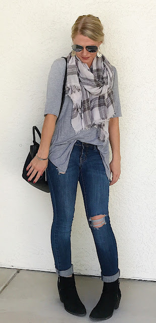 Thrifty Wife, Happy Life- Distressed jeans with grey plaid scarf and black ankle boots