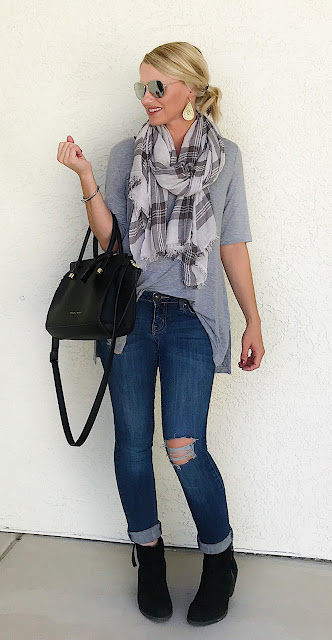 Thrifty Wife, Happy Life- Distressed jeans with grey plaid scarf and black ankle boots