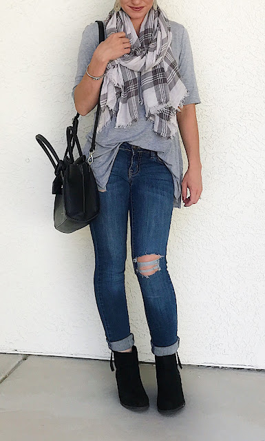 Thrifty Wife, Happy Life- Distressed jeans with grey plaid scarf and black ankle boots