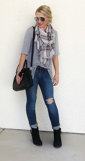 Thrifty Wife, Happy Life- Distressed jeans with grey plaid scarf and black ankle boots