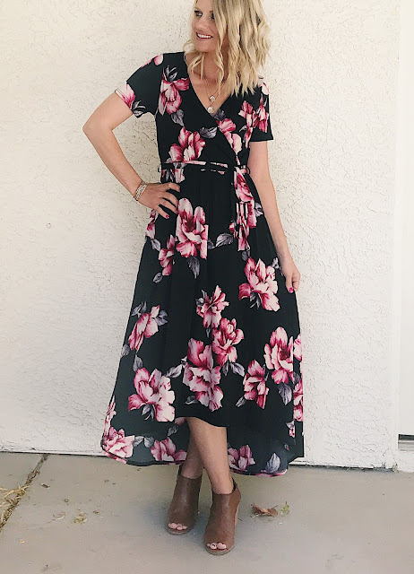 Thrifty Wife, Happy Life || winter floral hi-low wrap dress with Pink Blush
