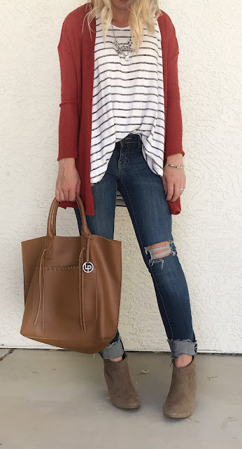 Thrifty Wife, Happy Life- Orange cadigan with stripe tank and distressed jeans