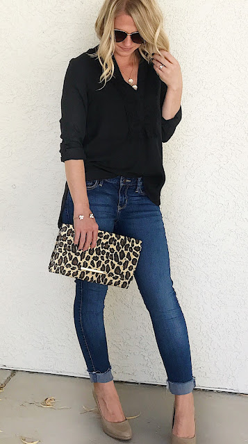 Thrifty Wife, Happy Life | Black blouse with a pop of leopard print