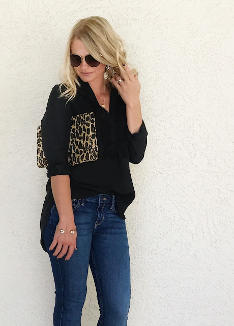 Thrifty Wife, Happy Life | Black blouse with a pop of leopard print