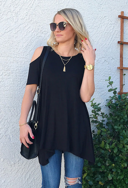 Thrifty Wife, Happy Life- Black cold shoulder tunic winter look with PinkBlush