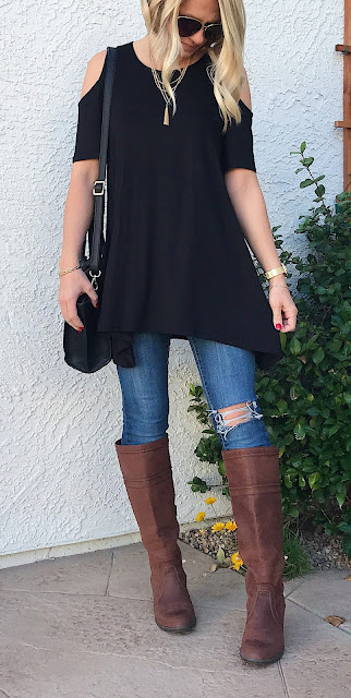 Thrifty Wife, Happy Life- Black cold shoulder tunic winter look with PinkBlush