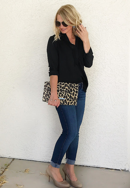 Thrifty Wife, Happy Life | Black blouse with a pop of leopard print