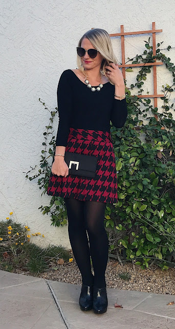 Christmas outfit with Red houndstooth skirt