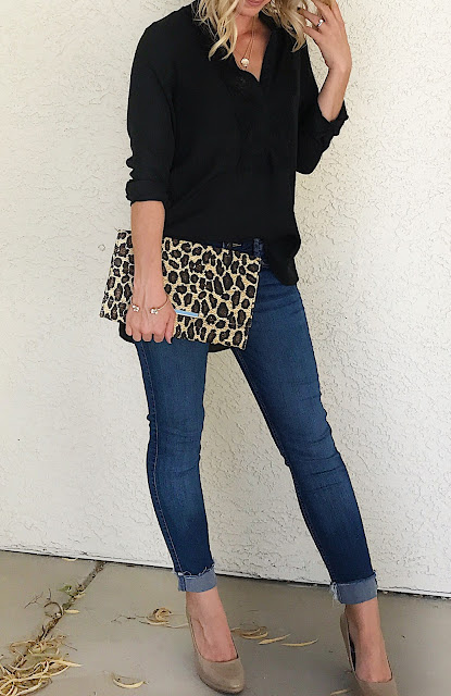 Thrifty Wife, Happy Life | Black blouse with a pop of leopard print