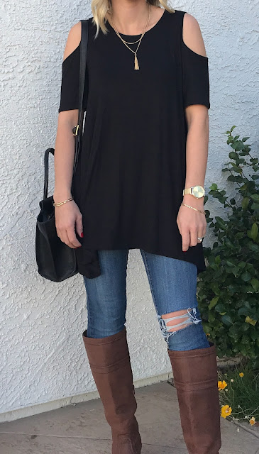 Thrifty Wife, Happy Life- Black cold shoulder tunic winter look with PinkBlush