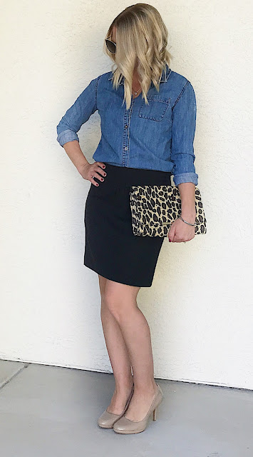 Thrifty Wife, Happy Life- Chambray shirt with black pencil skirt, nude pumps and a pop of leopard