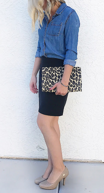 Thrifty Wife, Happy Life- Chambray shirt with black pencil skirt, nude pumps and a pop of leopard