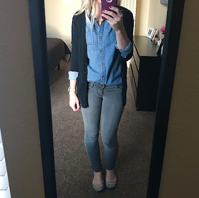 Thrifty Wife, Happy Life- Preschool teacher outfit ideas. Layered Chambray shirt