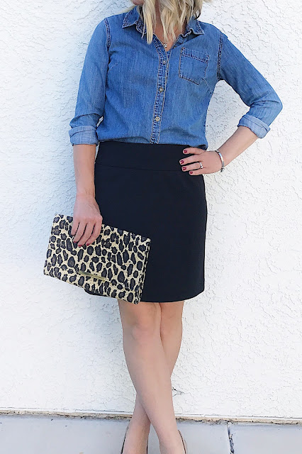 Thrifty Wife, Happy Life- Chambray shirt with black pencil skirt, nude pumps and a pop of leopard