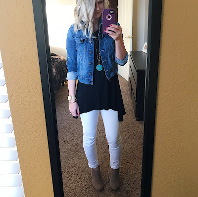 Thrifty Wife, Happy Life- Preschool teacher outfit ideas. White jeans with denim jacket and white jeans