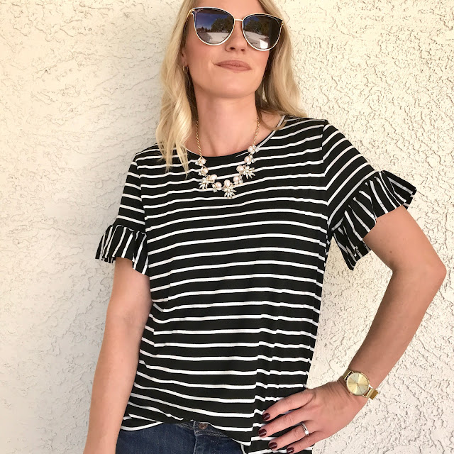 Thrifty Wife, Happy Life- Shein Reveiw- Stripe top with ruffle sleeves