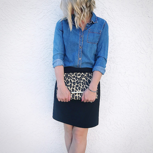 Thrifty Wife, Happy Life- Chambray shirt with black pencil skirt, nude pumps and a pop of leopard