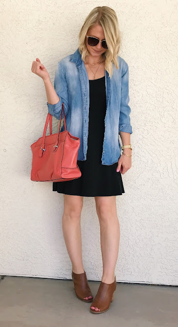 Chambray top over a black dress with a pop of color