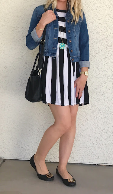 Thrifty Wife, Happy Life || Stripe dress with flats and denim jacket
