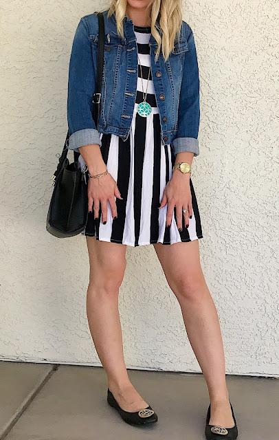 Thrifty Wife, Happy Life || Stripe dress with flats and denim jacket