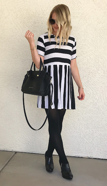 Thrifty Wife, Happy Life || Stripe dress with black tights and booties